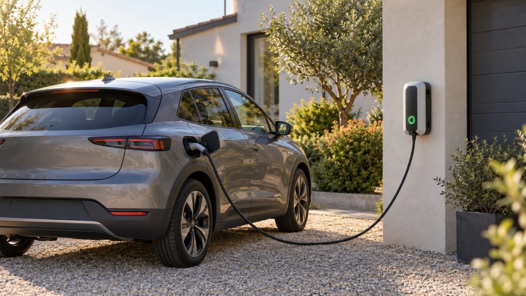 Voiture électrique branchée à une borne murale pilotable dans l’allée d’une maison