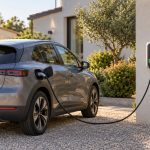 Voiture électrique branchée à une borne murale pilotable dans l’allée d’une maison