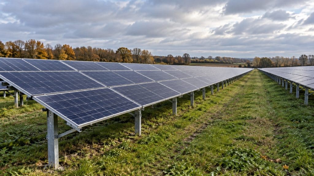Rangées de panneaux photovoltaïques au sol dans un parc solaire français