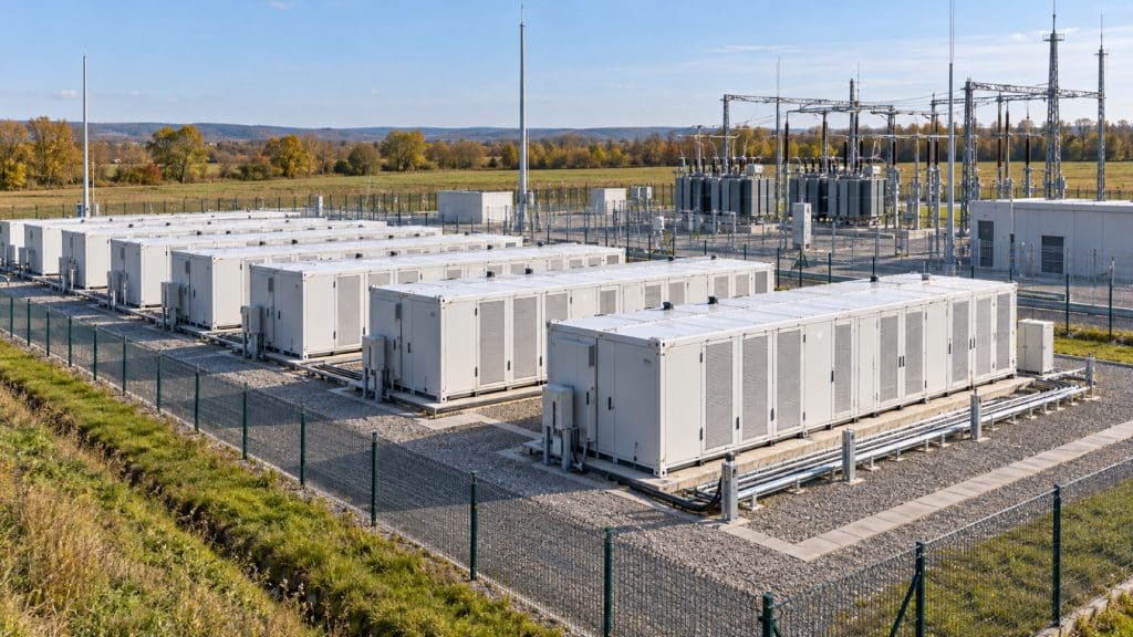 Rangées de conteneurs de batteries industrielles sur un site de stockage électrique raccordé au réseau