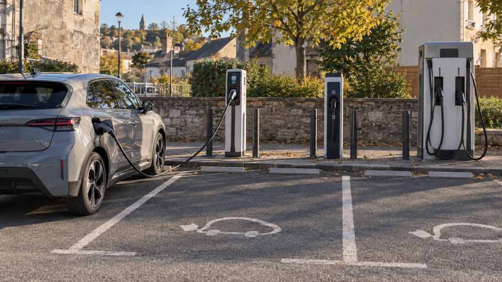 Plusieurs points de recharge publics sur un parking français, avec une voiture électrique branchée