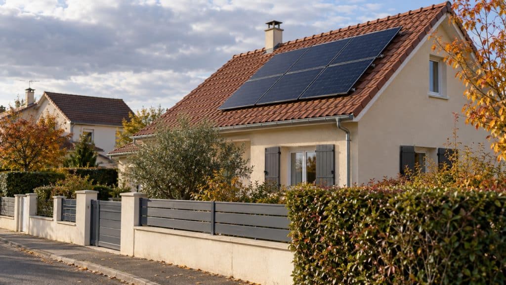 Petite installation photovoltaïque sur le toit d'une maison française, scène d'illustration