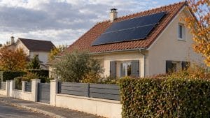 Petite installation photovoltaïque sur le toit d'une maison française, scène d'illustration