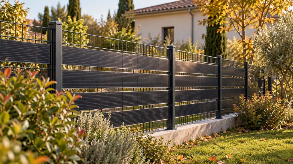 Illustration d'une clôture rigide équipée de bandes photovoltaïques verticales dans un jardin
