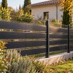 Illustration d'une clôture rigide équipée de bandes photovoltaïques verticales dans un jardin