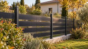 Illustration d'une clôture rigide équipée de bandes photovoltaïques verticales dans un jardin