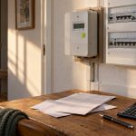 Compteur électrique d'une maison et documents de contrat sur une table, illustration du prix de l'électricité