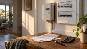 Compteur électrique d'une maison et documents de contrat sur une table, illustration du prix de l'électricité