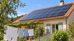 Maison française avec panneaux solaires en toiture et linge séchant au soleil, illustration de la consommation électrique en journée