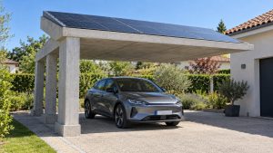 Ombrière photovoltaïque en béton installée sur une allée de maison et abritant une voiture