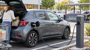 Voiture électrique compacte branchée sur une borne standard dans un parking de supermarché, illustration sans marque