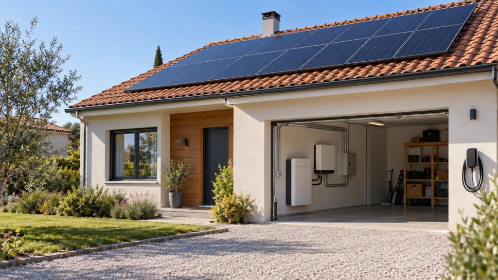 Maison avec panneaux solaires en toiture, batterie domestique et borne de recharge, illustration