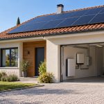 Maison avec panneaux solaires en toiture, batterie domestique et borne de recharge, illustration