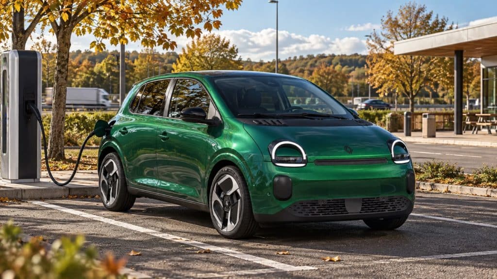 Renault Twingo E-Tech électrique verte à une station de recharge autoroutière