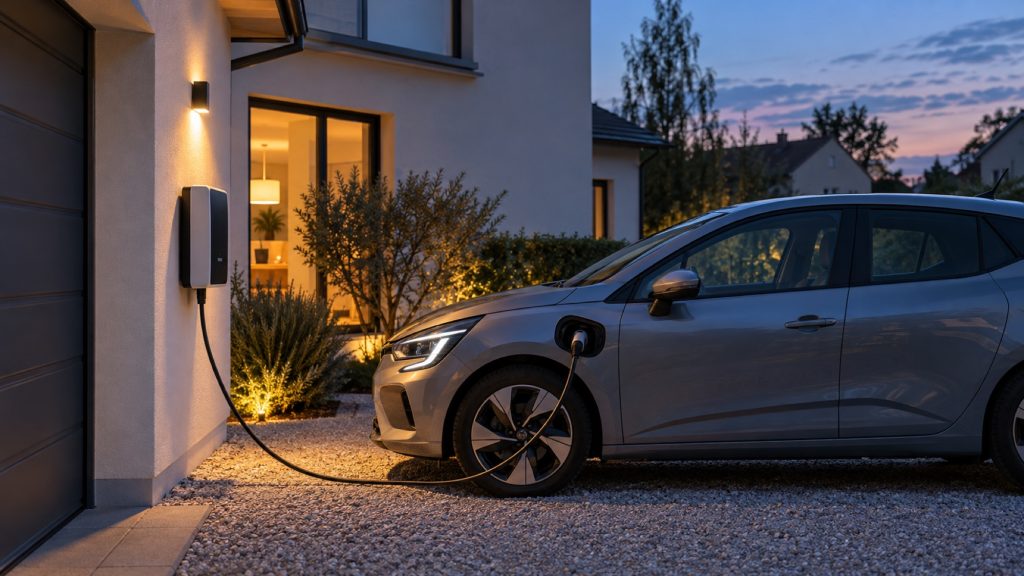 Voiture électrique branchée à une borne bidirectionnelle devant une maison