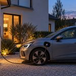 Voiture électrique branchée à une borne bidirectionnelle devant une maison