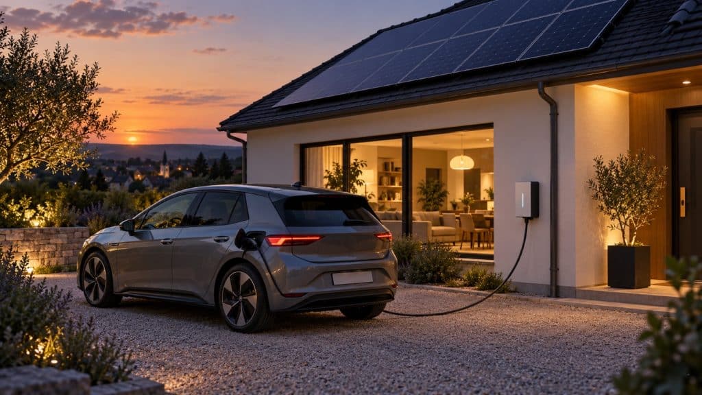 Voiture électrique reliée à une borne bidirectionnelle devant une maison équipée de panneaux solaires
