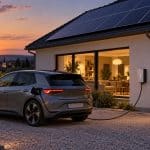Voiture électrique reliée à une borne bidirectionnelle devant une maison équipée de panneaux solaires