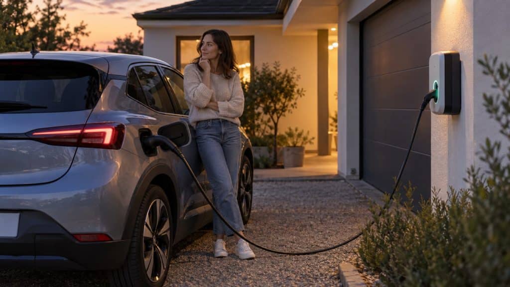 Conductrice près d'une voiture électrique branchée à une borne domestique, scène d'illustration