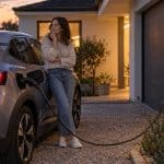 Conductrice près d'une voiture électrique branchée à une borne domestique, scène d'illustration