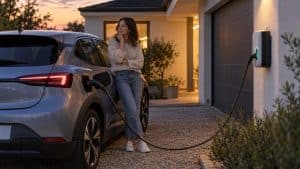 Conductrice près d'une voiture électrique branchée à une borne domestique, scène d'illustration